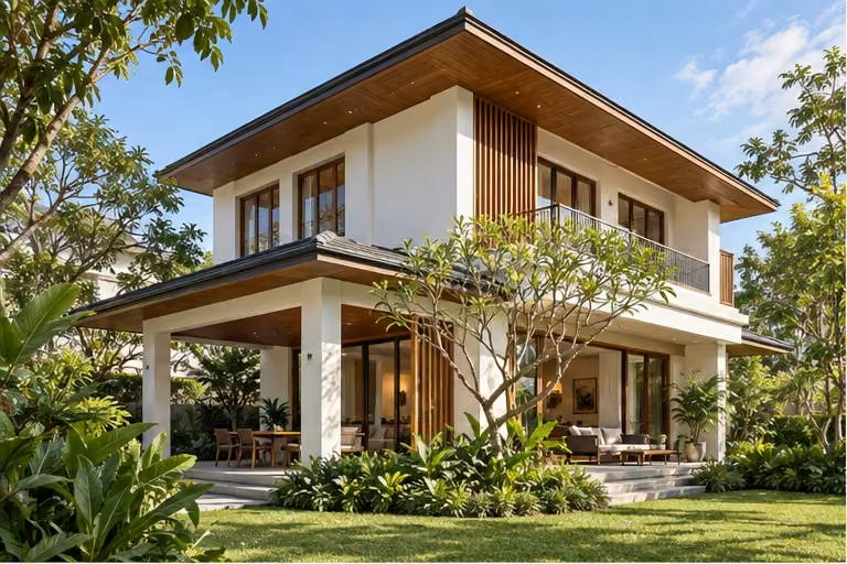 บ้านสองชั้นพร้อมชายคาและสวนรอบบ้าน