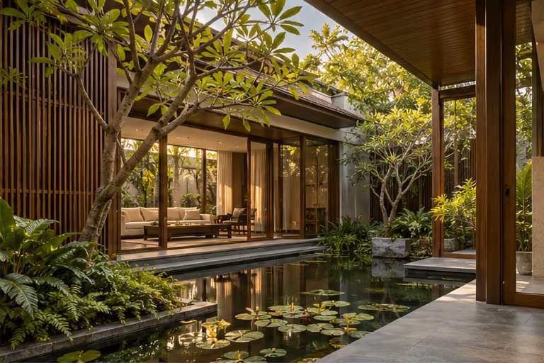 บ้านล้อมลานสวนพร้อมบ่อน้ำและแผงไม้